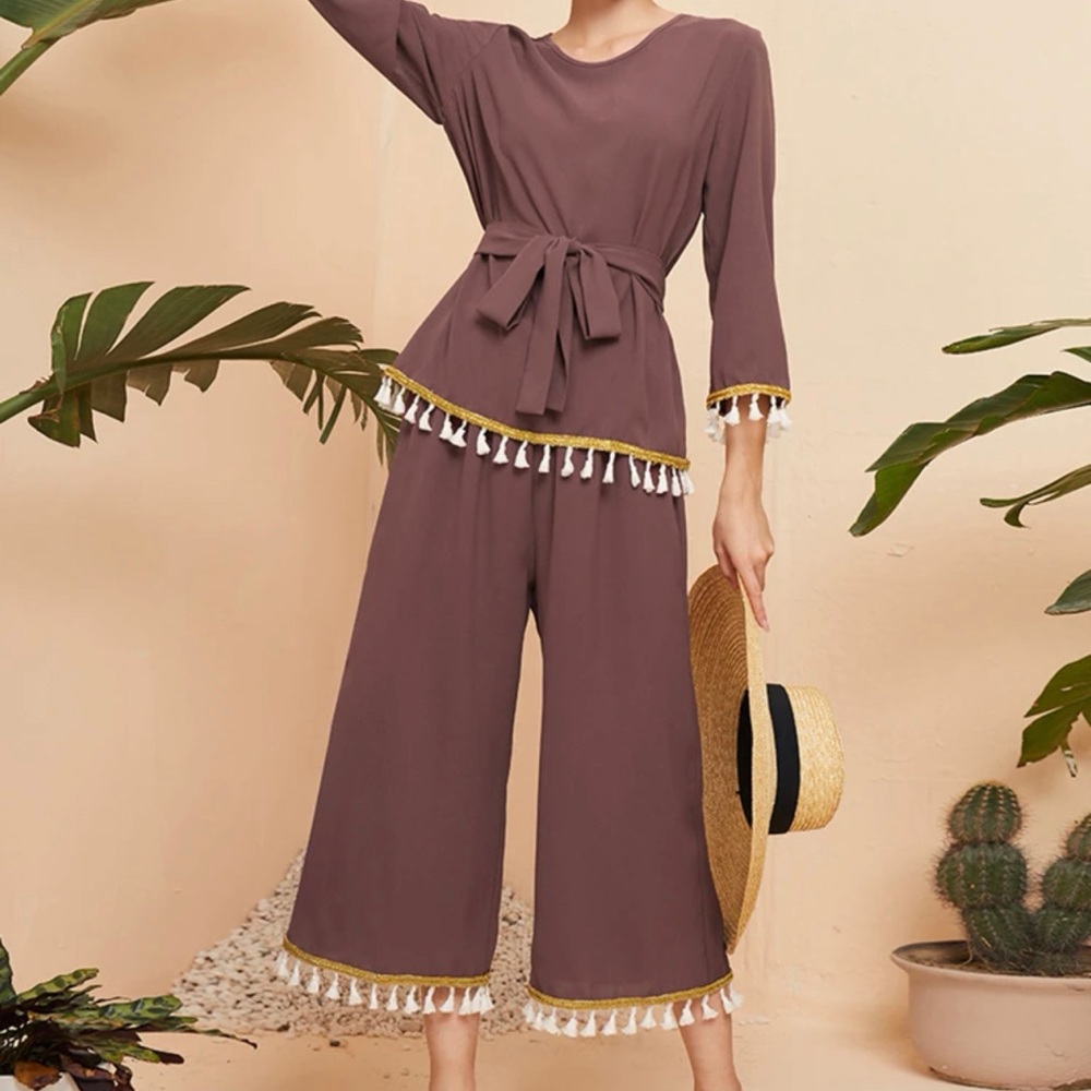 Fringe Hem Belted Blouse & Pants